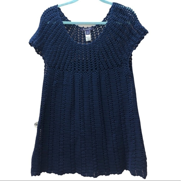 ROAMAN’S Cotton Navy Blue Crocheted Scoop Neck Short Sleeve Sweater - Size 14/16 - Picture 1 of 4
